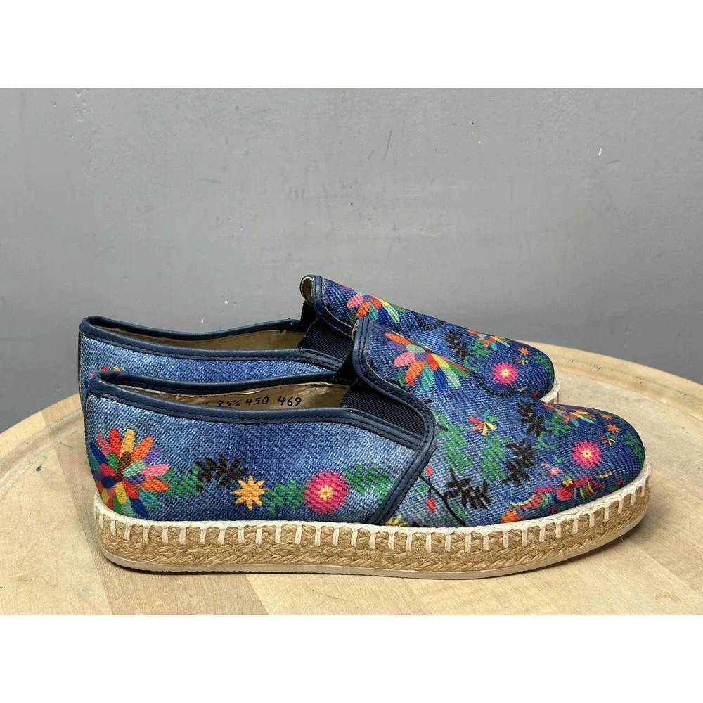 Sergio‎ Banamex Shoes Womens Size 8.5 Blue Floral Denim Espadrille Slip On